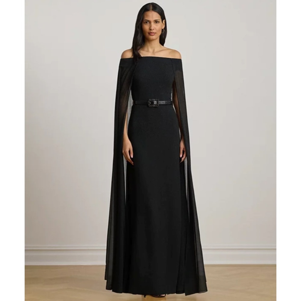 Lauren Ralph Lauren Cape Gown Women 14 Black Off-Shoulder Elegant Event $325 NWT